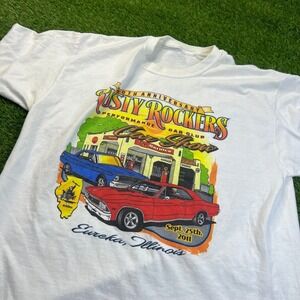 Rusty Rockers Car Show T-Shirt‎ XL 2011 Eureka IL Classic Cars Double Sided Tee